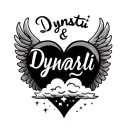"Dynasti & April" name in shape of heart with wings and clouds inside and stars tattoo design idea