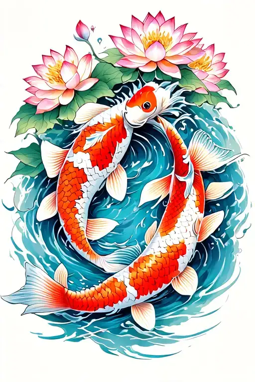 2 koi fish swimming upstream with lotus flowers cherry blossom and Chrysanthemum tattoo design idea