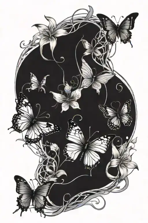 Medium fine lined butterfly under the neck, include a spider lily vine down the spine tattoo design idea