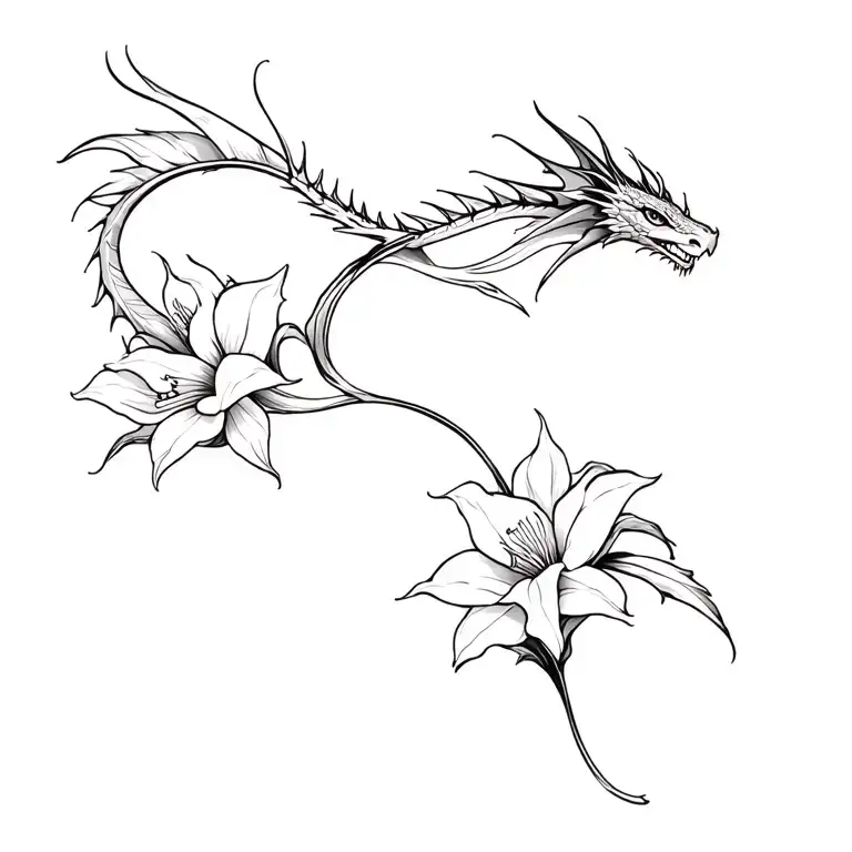 gladiolus flower with earth dragon flying abstract tattoo design idea