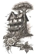 broken chains abandoned house tree roots roses tattoo design idea