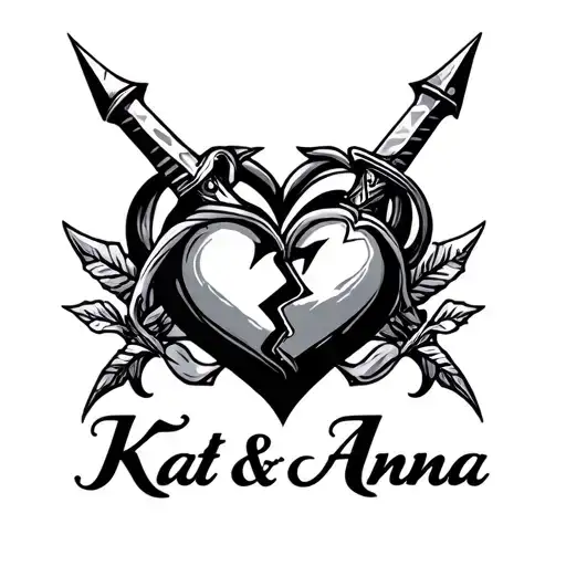 "Kat.& Anna" Broken heart and dagger intertwined tattoo design idea