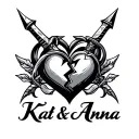 "Kat.& Anna" Broken heart and dagger intertwined tattoo design idea