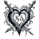 "Kat.& Anna" Broken heart and dagger intertwined tattoo design idea