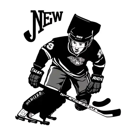 state outline of new jersey playing hockey with legs, skates, arms, gloves and stick and puck tattoo design idea