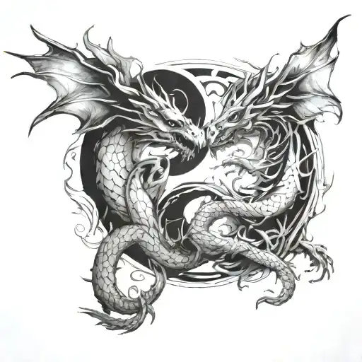 Sketch of two dragons in as Ying Yang blowing fire at each other in the shape of a broken heart tattoo design idea