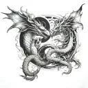 Sketch of two dragons in as Ying Yang blowing fire at each other in the shape of a broken heart tattoo design idea