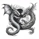 Sketch of two dragons in as Ying Yang blowing fire at each other in the shape of a broken heart tattoo design idea