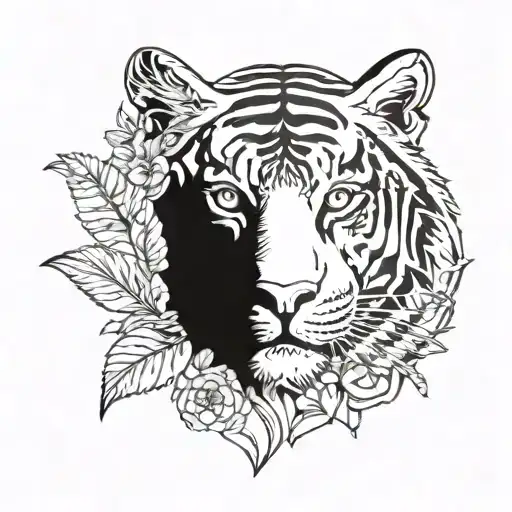 Tiger with face turned diagonally, emerging between flowers and various leaves, with left paw between mandalas and tibal tattoo design idea