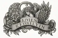 Evelyn name between angel wings flying away tattoo design idea