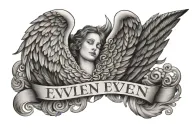 Evelyn name between angel wings flying away tattoo design idea