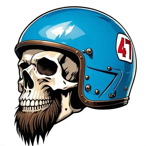 3/4 view of a bearded skull wearing a blue 1970s era motorcycle helmet with the number 47 on the side tattoo design idea