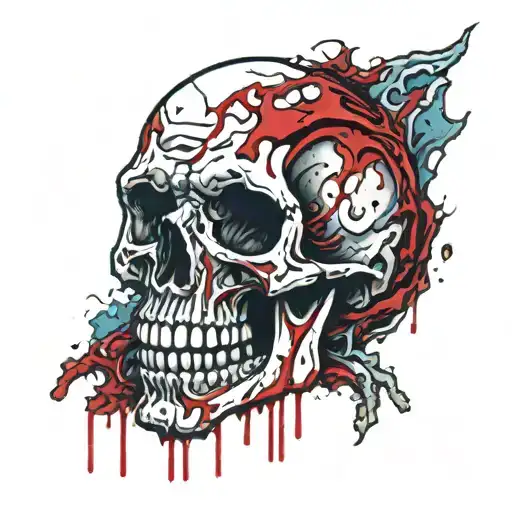 White Skull, Cracked, Bloody, missing Jawbone, missing teeth, melting, decrepit Dark red blood, Spine, Bloody, Horror. tattoo design idea