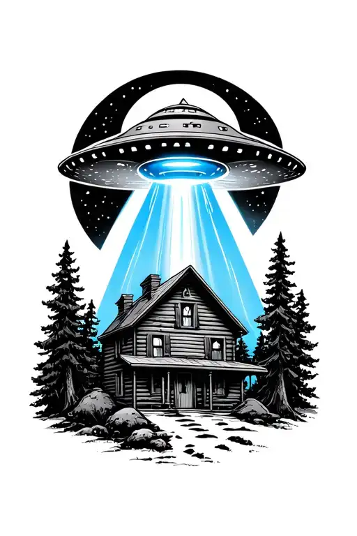 ufo with blue beam over a cabin in the woods  tattoo design idea