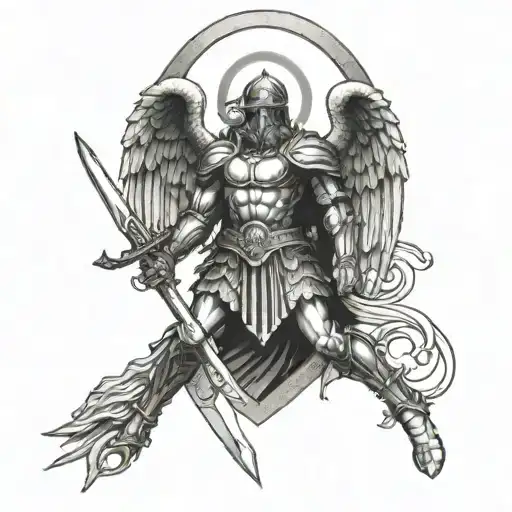 st Michael with halo holding a shield and a sword. the tip of the sword is going into the resting serpent at his feet tattoo design idea