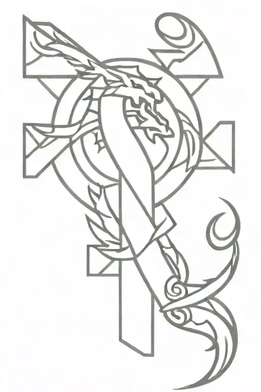 small cross with Aztec dragon wrapped tattoo design idea