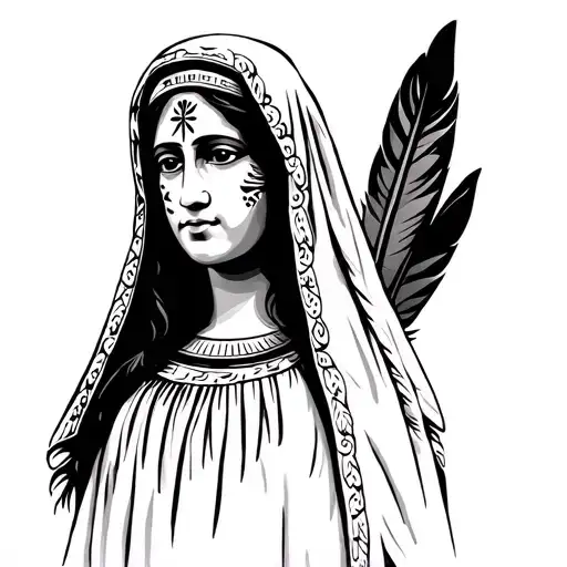 Virgin Mary wearing veil and displaying Colombian indigenous women face decorations and feathers tattoo design idea