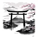 Mount Fuji with torii gate up front river surrounded by cherry blossoms tattoo design idea