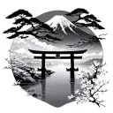 Mount Fuji with torii gate up front river surrounded by cherry blossoms tattoo design idea