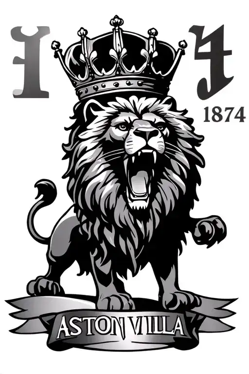 lion roaring with a crown, holte end stand behind, 1874 and Aston Villa written underneath tattoo design idea
