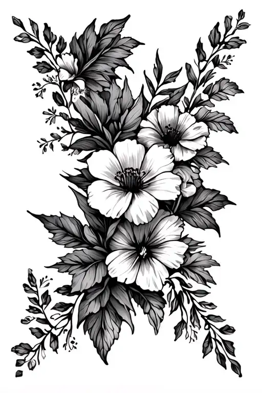 on foot and trailing up leg a floral tattoo with birth flowers for march, november and may. the top of the foot is a gar tattoo design idea