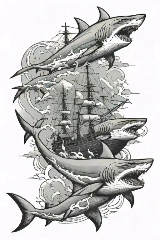 a ship is moving in a storm. three sharks, one jumps on the ship with its mouth open. in the background there are mountains in the fog and clouds tattoo design idea