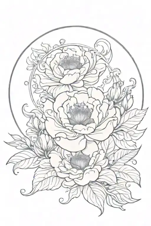 crescent moon, peonie flowers, art nouveau, art deco, symmetrical tattoo design idea