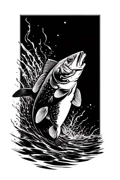 realistic salmon swimming upstream tattoo design idea