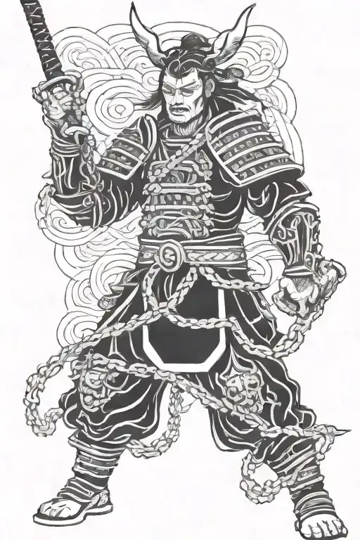 Samurai warrior holding the chains of three devil dogs tattoo design idea