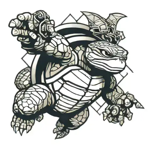 A geometric tattoo of a ninja turtle with all 4 weapons tattoo design idea