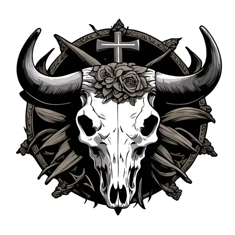 bull skull with a cross behind it tattoo design idea