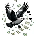 freedom, bird flying,time and money raining love hearts tattoo design idea