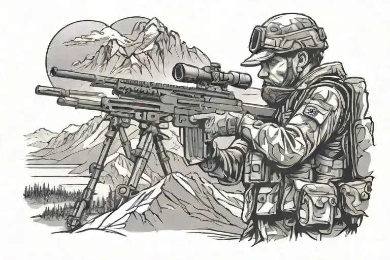 A soldier with a sniper rifle and mountains in the background tattoo design idea