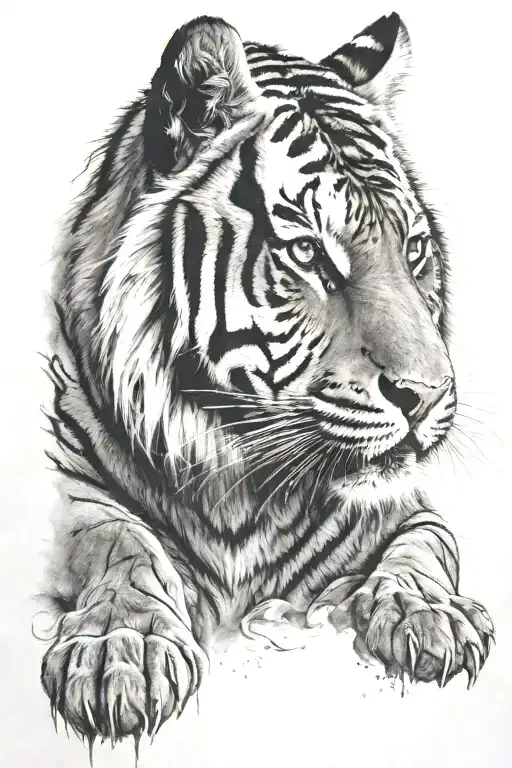 tiger head facing forward with paw prints below tattoo design idea