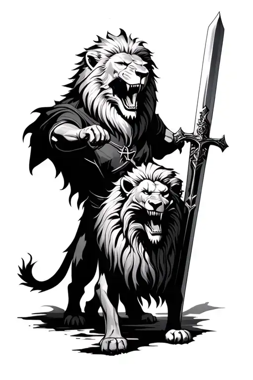 scary Lion and a men who is christian warrior wielding a sword tattoo design idea