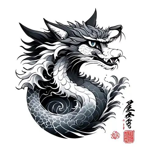kitsune foxe, wave kanagawa, japanese dragon tattoo design idea