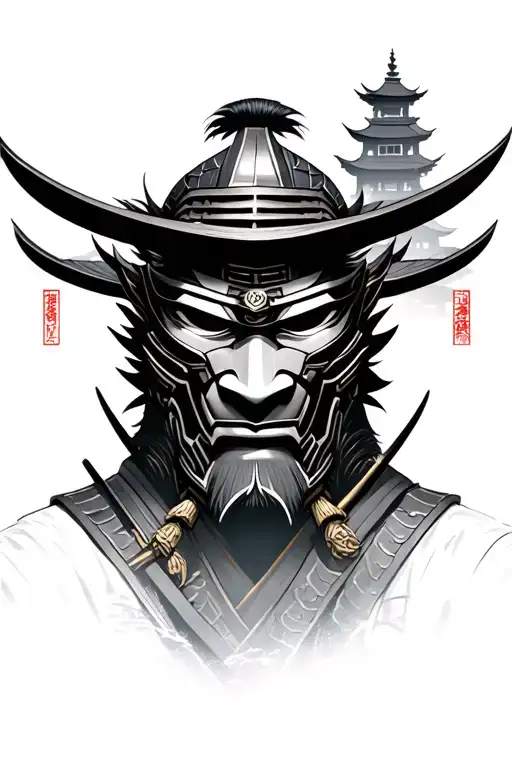 samurai mask from ghost of tsushima with japanese style buildings in the background about the mask  tattoo design idea