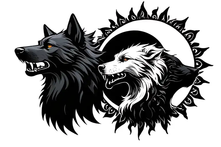 1 black wolf growling head facing to the left. 1 white growling head facing to the right. The sun and moon joined togeth tattoo design idea