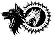 1 black wolf growling head facing to the left. 1 white growling head facing to the right. The sun and moon joined togeth tattoo design idea
