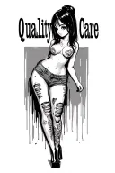 "Quality Care" "Quality Care" anime pinup girl, skimpy ripped clothes, jean shorts bent over, high heels, perky sweaty tattoo design idea