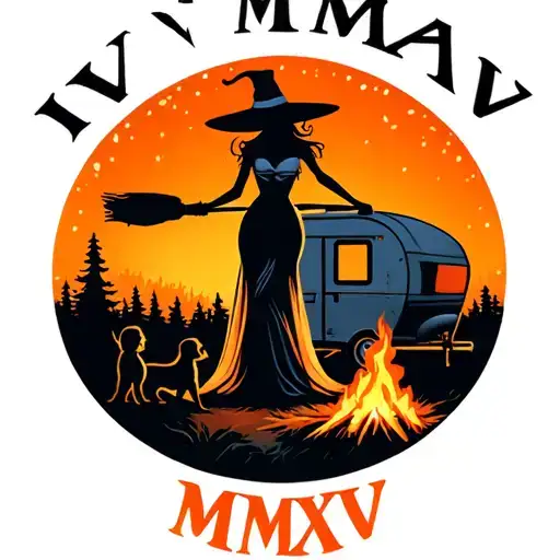 "IV V MMXIV" silhouette of busty sexy witch bride on broomstick over a campsite with a trailer and campfire with children & dog tattoo design idea
