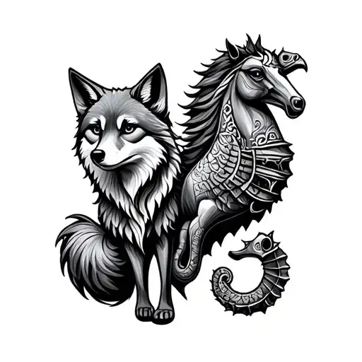 spirit animal totem pole fox, wolf, Cat, seahorse, crow, horse. tattoo design idea