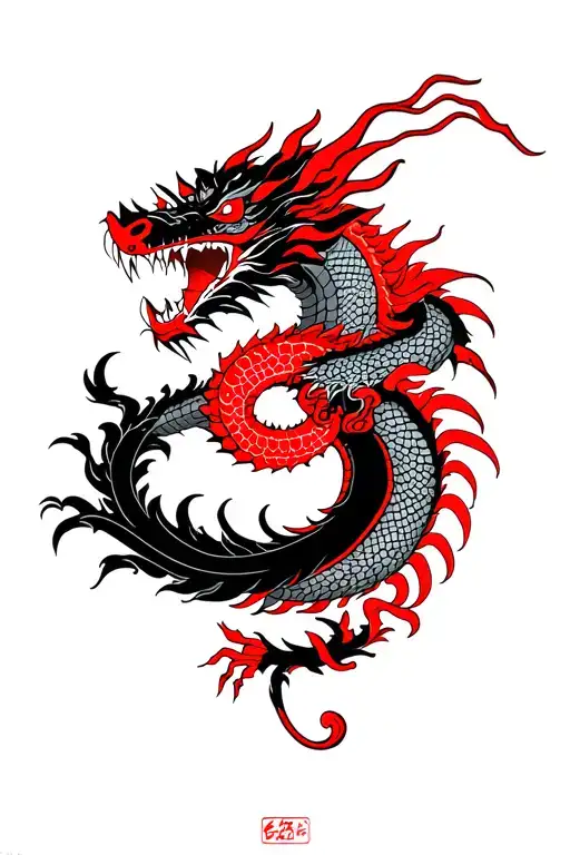 Black and red ink dragon and samurai tattoo for forearm tattoo design idea