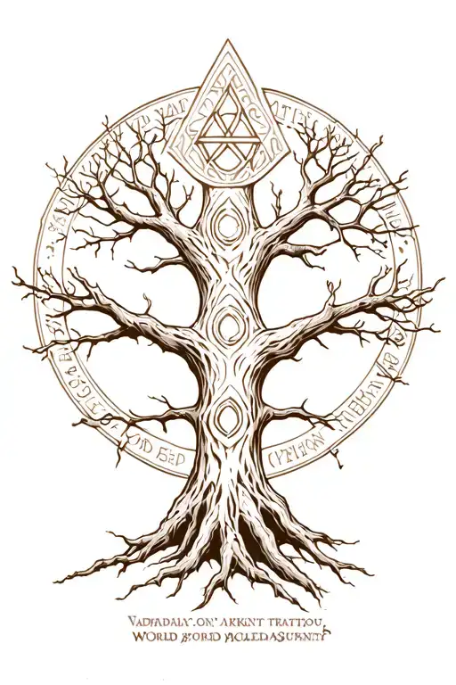 yggdrasil world tree with valknut inbued in  the corwn tattoo design idea