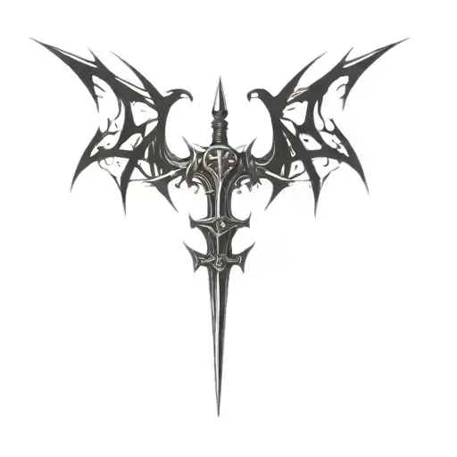 the logo of a black metal band and a medieval sword between a sharp heart shape tattoo design idea