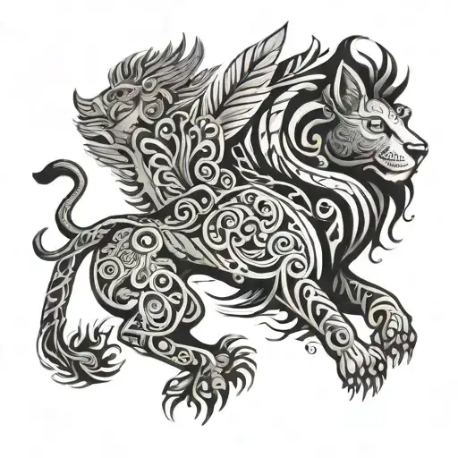 A tattoo incorporating a lion (I’m a Leo) with Maori influences, angel wings, a phoenix, red indian and other spirituali tattoo design idea