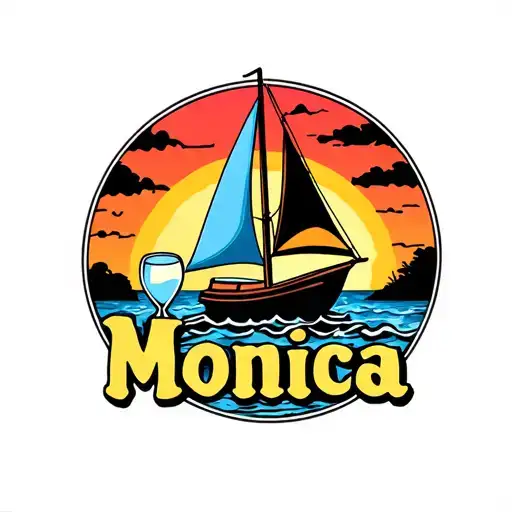 "Monica" small sail boat, sunset with vibrant colors, hourglass on beach in forefront tattoo design idea