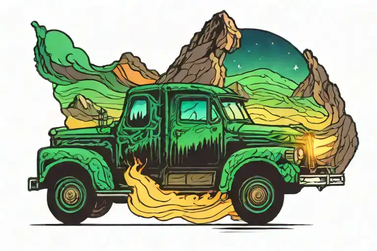 Northern lights illuminating a truck parked in front of a mountain  tattoo design idea