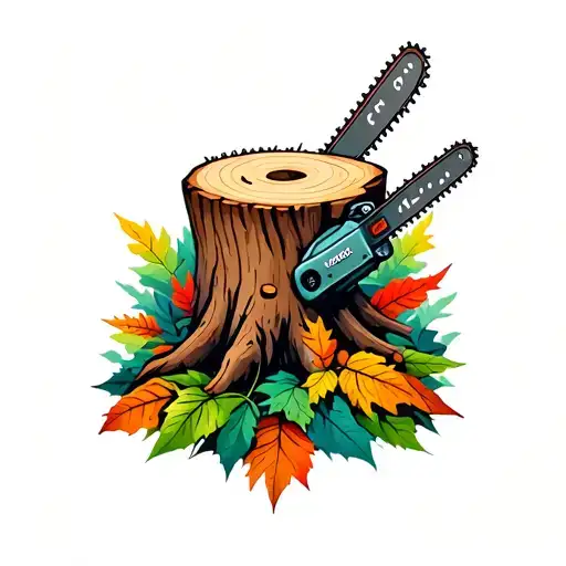 A new-school tattoo of a tree stump with a chainsaw stuck in it, surrounded by vibrant and colorful foliage tattoo design idea