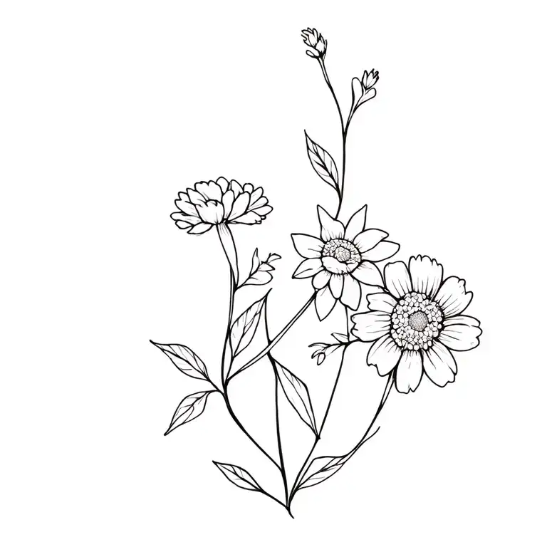 vine wrapping with marigolds, daffodils and daisies in just black and fine lines tattoo design idea